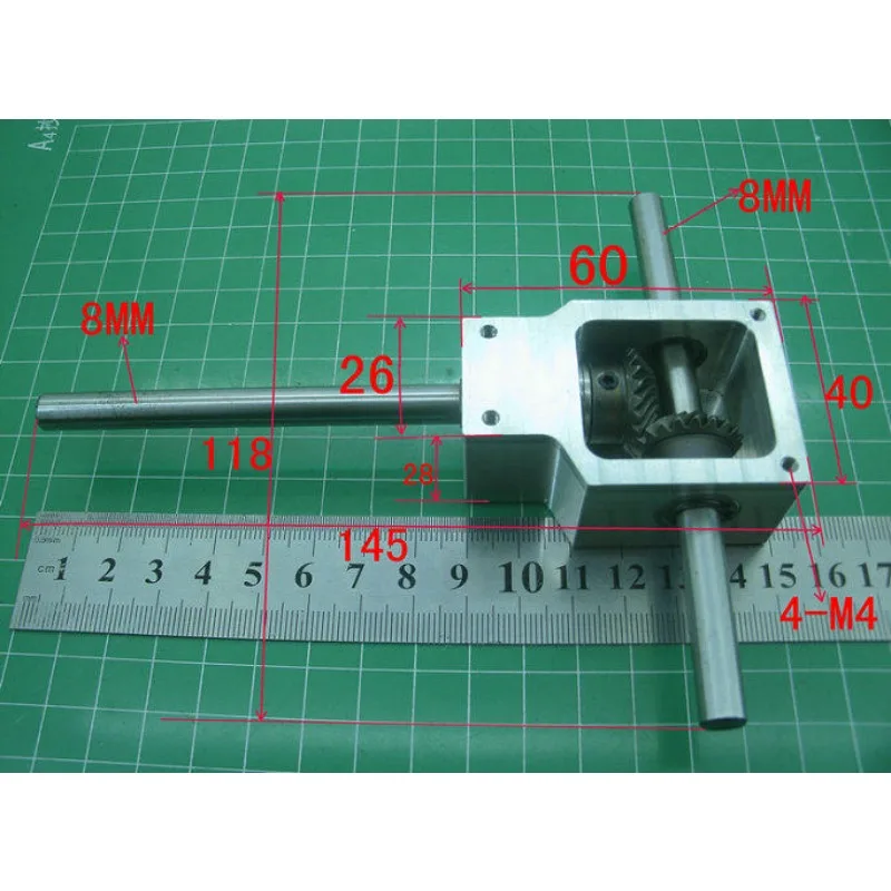 90 degree commutator spiral bevel gear box small reduction ratio 1:1 double output shaft 8MM gear reducer assembly