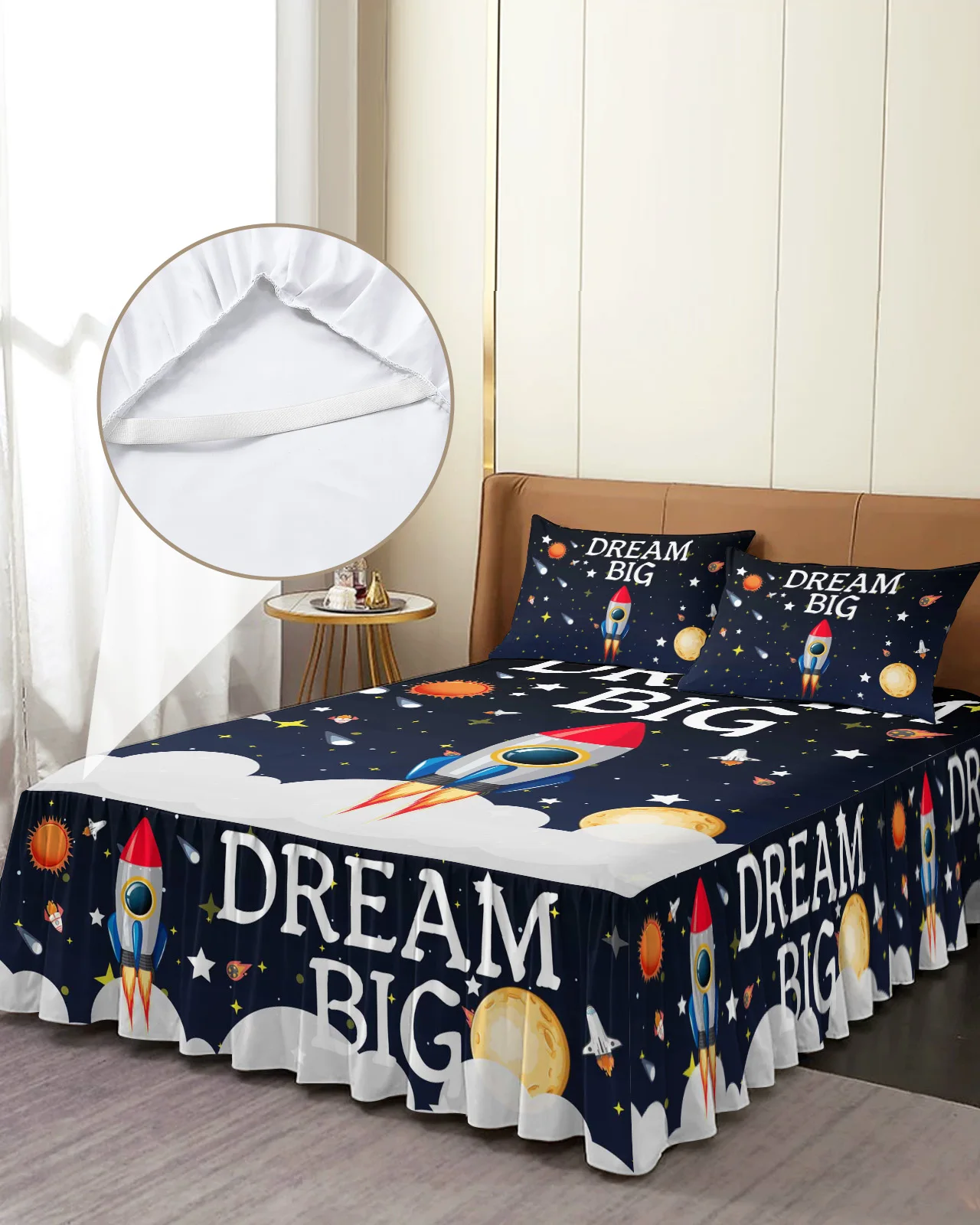 Space Universe Rocket Dream Big Bed Skirt Elastic Fitted Bedspread With Pillowcases Mattress Cover Bedding Set Bed Sheet