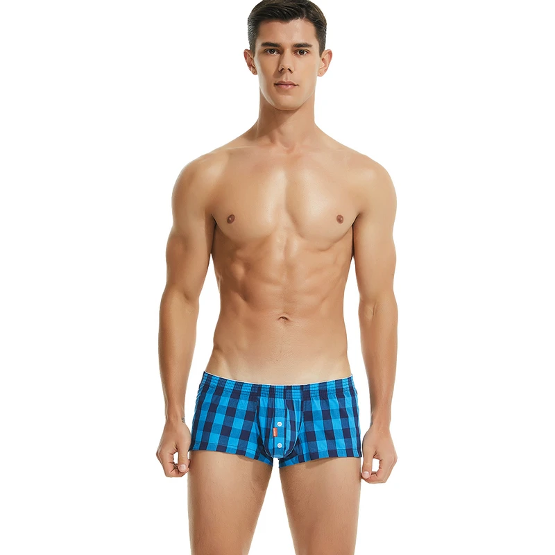 Men's flat corner shorts, four corner Aro pants,plaid pure cotton breathable slim fit, low waist youth casual home flat underwer
