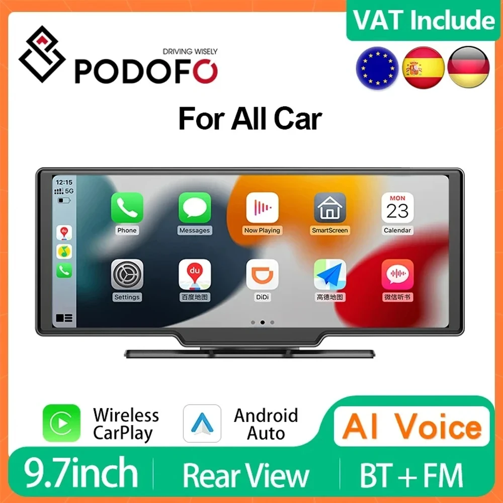 Podofo Wireless CarPlay Universal 9.3in Car Radio Multimedia Video Player Wireless Android Auto DVR Video Recorder Touch Screen