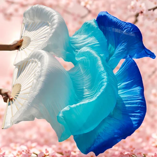 Imagen 2 del producto Velos de danza del vientre de seda auténtica, velo de abanico de bambú de tamaño clásico, accesorios personalizados para espectáculo Rave, promoción al por mayor, 1 par