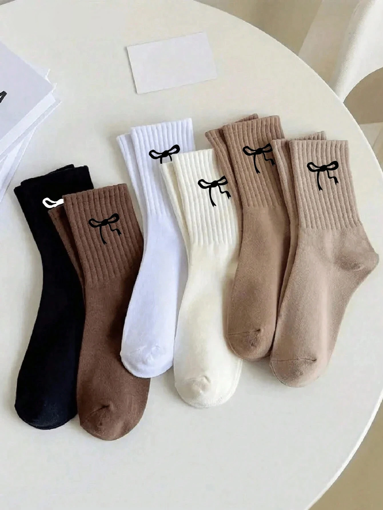 6 Pairs Women Men Solid Color Medium Length Bow Pttern Socks Fashionable Trendy Multi-color Versatile Comfortable Casual Socks