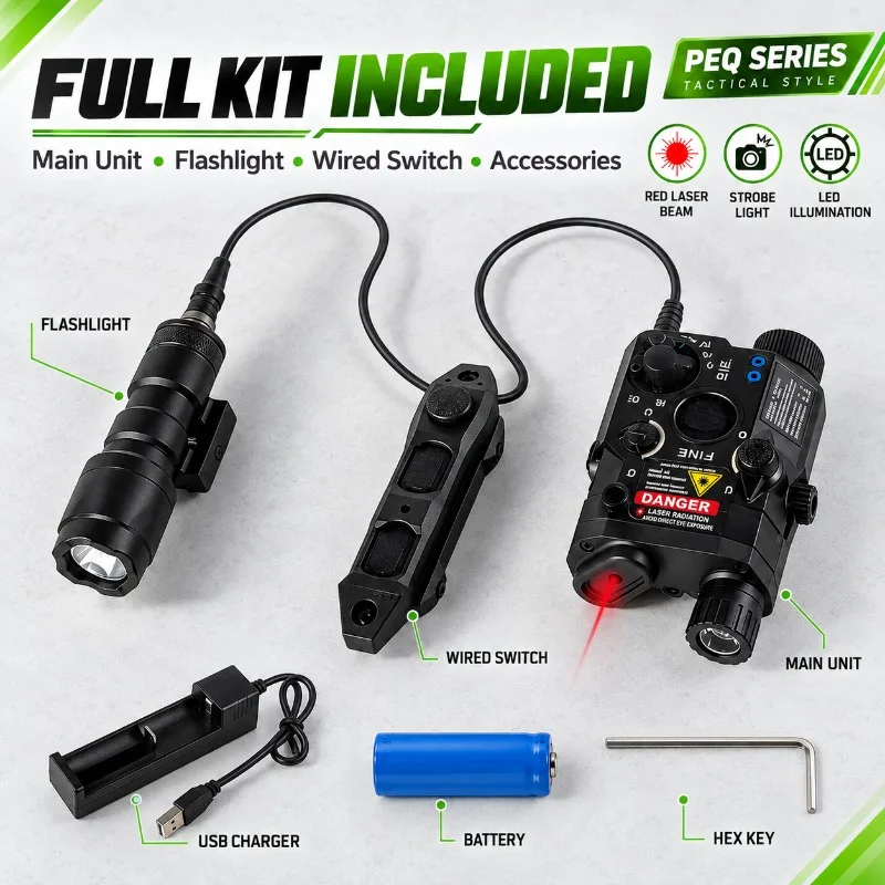PEQ15 Inspired Alloy Hobby Display Accessory, Tunable Red‑Green Beam, Strobe Flashlight, Triple‑Key Wired Control