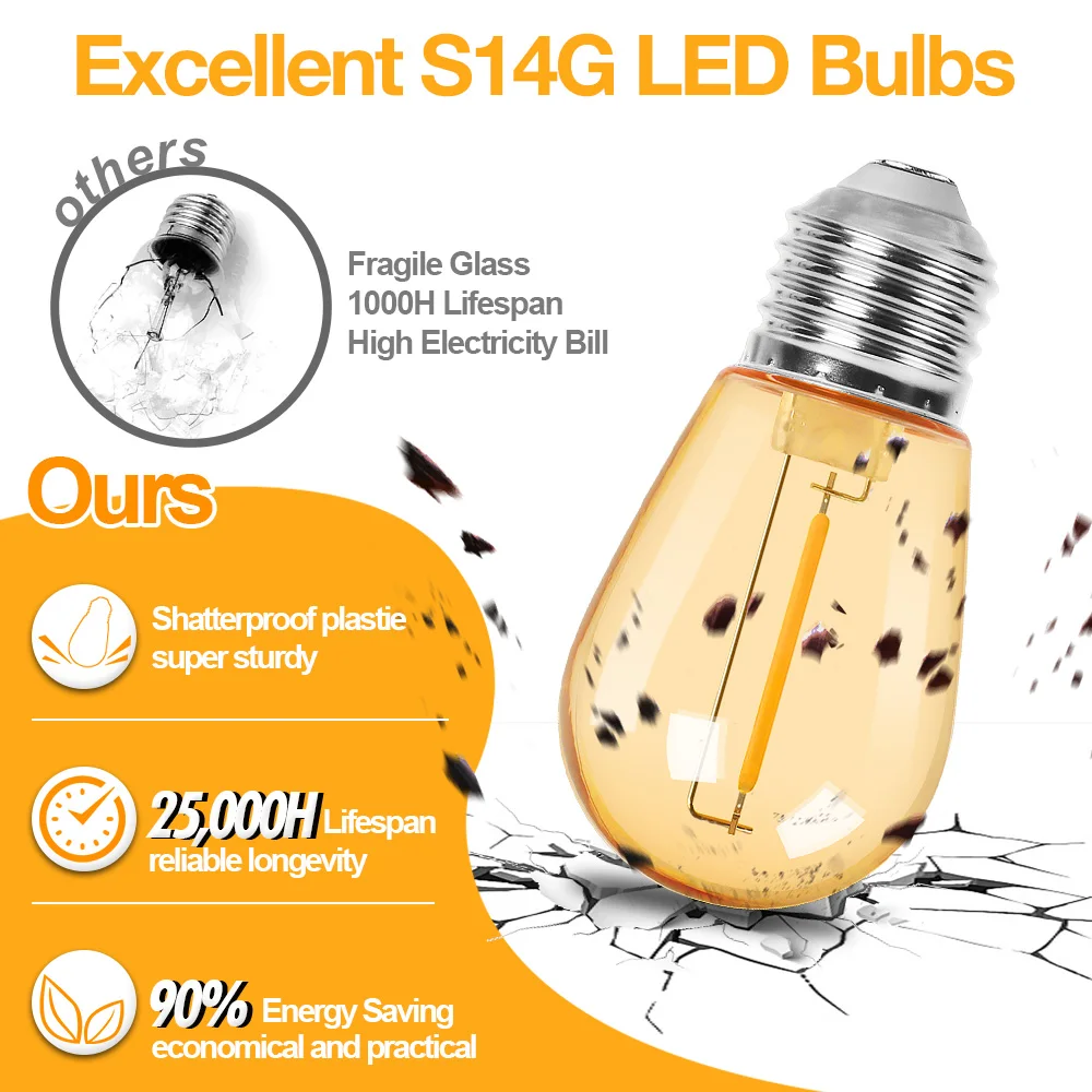 S14 Plastikowy sznurek świetlny EU Plug Outdoor E26 220V Shatterproof LED Lights Garland 1W 2W Vintage Amber Bulb Easter Chain Lamps