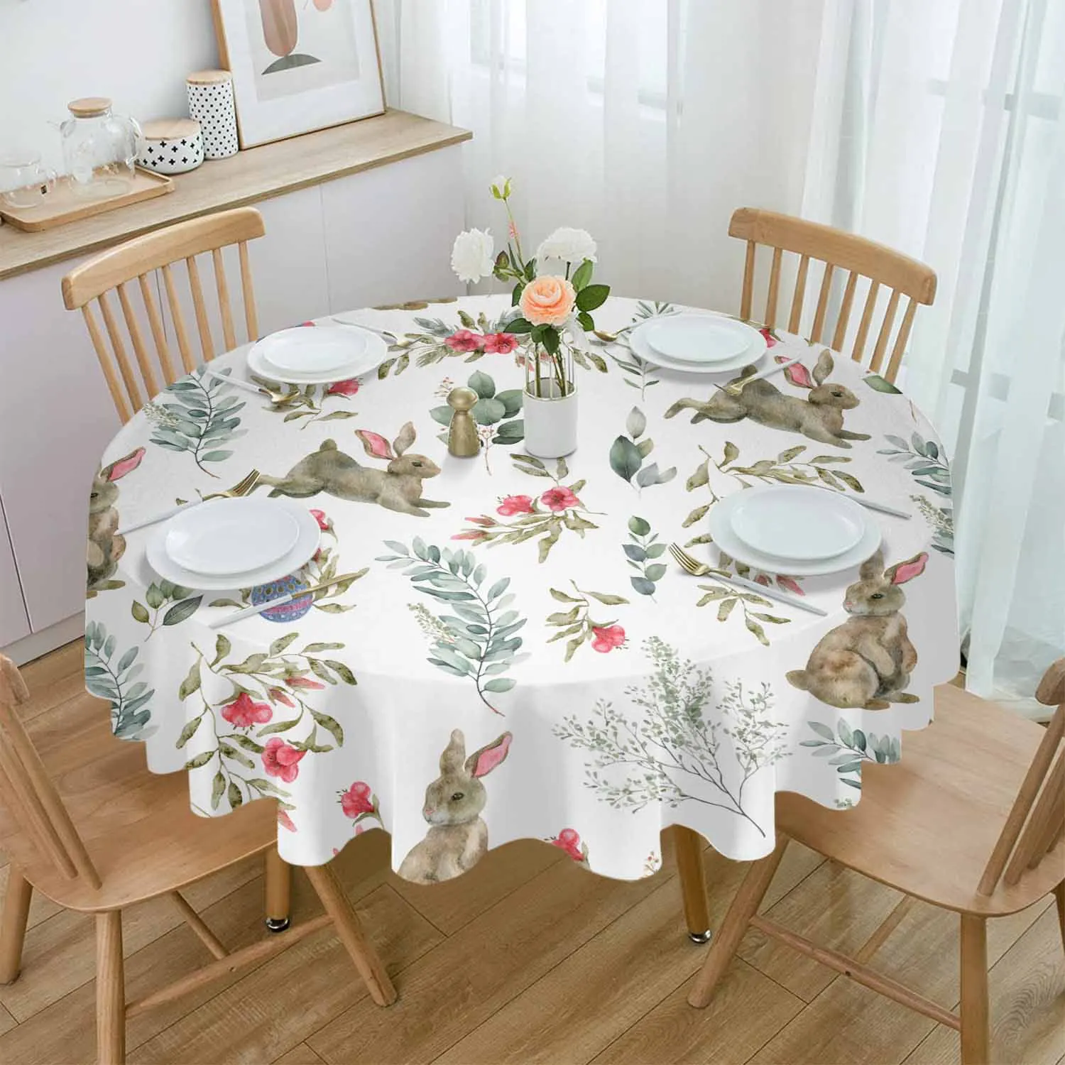 Watercolor Rabbit Flower Easter Waterproof Tablecloth Table Decoration Wedding Home Kitchen Dining Room Round Table