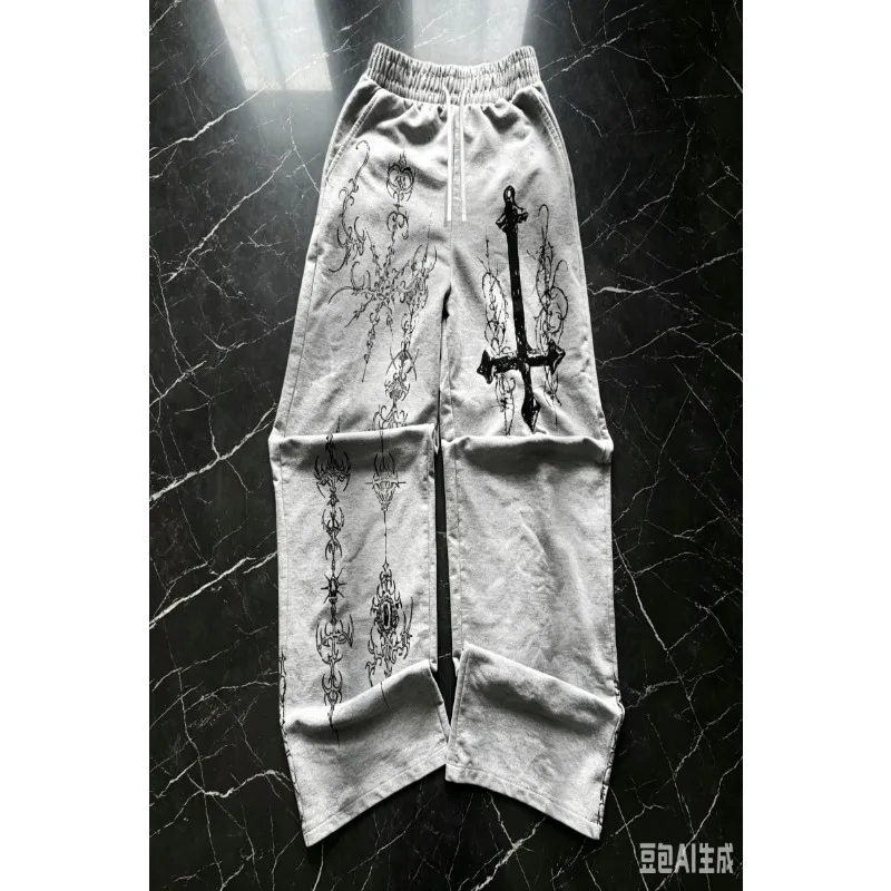 2026 American High Street Retro Gothic Cross Printed Wide Leg Sweatpants Men Harajuku Y2K Fashion Striped Casual Sports Pants