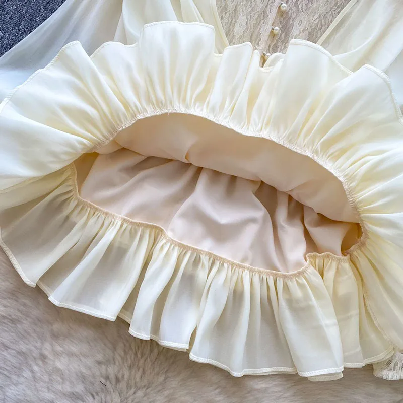 Fairycore Lace Chiffon Dresses With Stretch Shorts Pearl Button Bow Female Ruffles Sheer Seaside Holiday Mini Dress