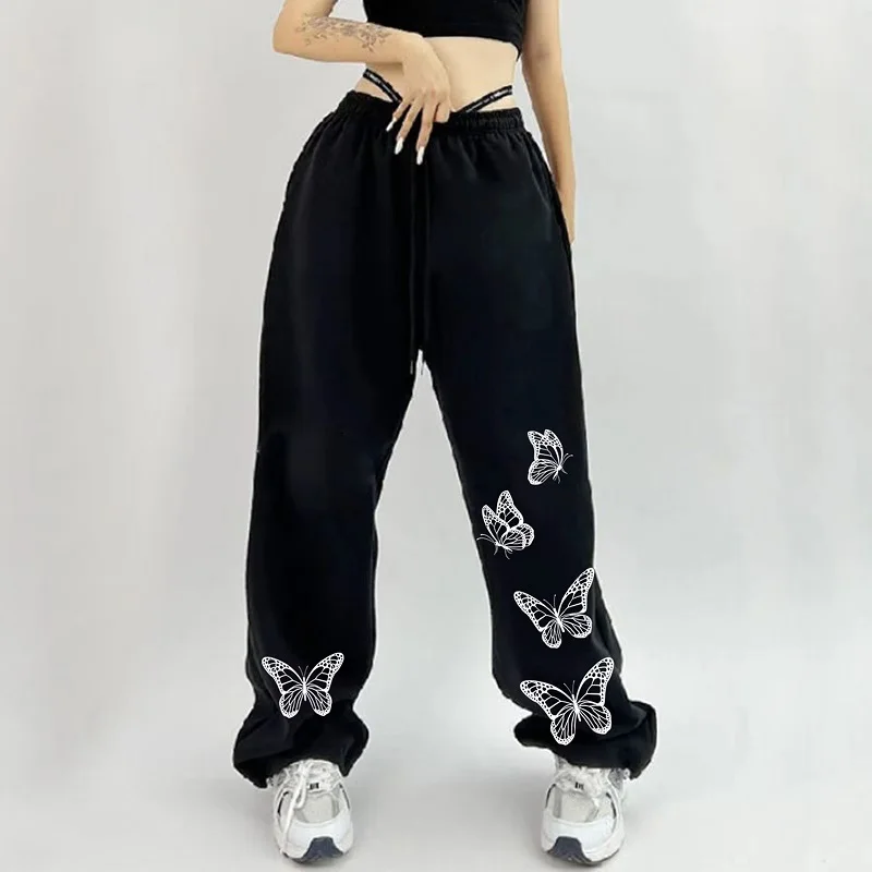 Youth Pop Gothic Clothes Women With Pockets Loose Fit Elastic Drawstring Joggers Pants Y2k Workout Casual Butterfly Women Pants