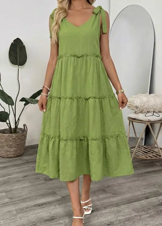 

2026 Summer New Women's Elegant Seaside Resort Style Strap Top Dress with Strap Solid Color Cotton and Hemp Dress
