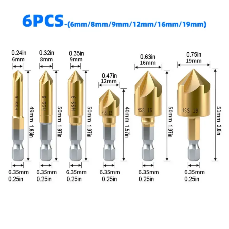 Woodwork Counersink Drill Bit Set Titanium Coat Counter Sink Wood Hole Cutter Metal Plastic 5 Flute Chamfer Ream 90 Degree Tool