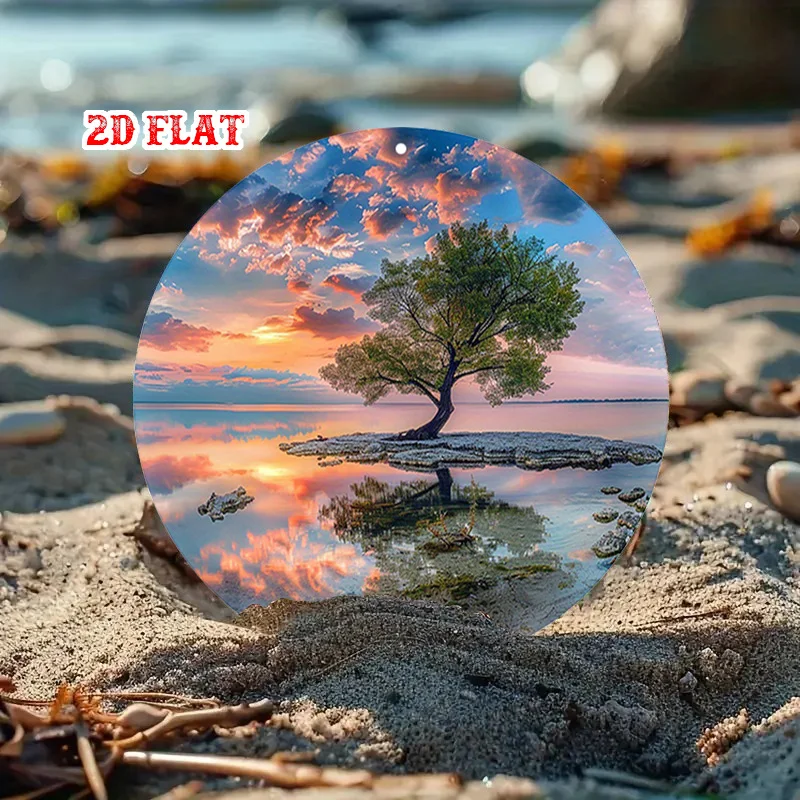 2D Flat, 2D Flat 1pc Sunset Round Wall Decor,Solitary Tree Aluminum Wall Art,Tranquil Lake Round Wall Decor,Reflection Durable I