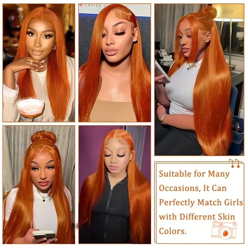 Pelucas delanteras de encaje naranja jengibre cabello humano pelucas frontales de encaje 13x4 prearrancadas con 250% de densidad Color de cabello liso brasileño 350 #