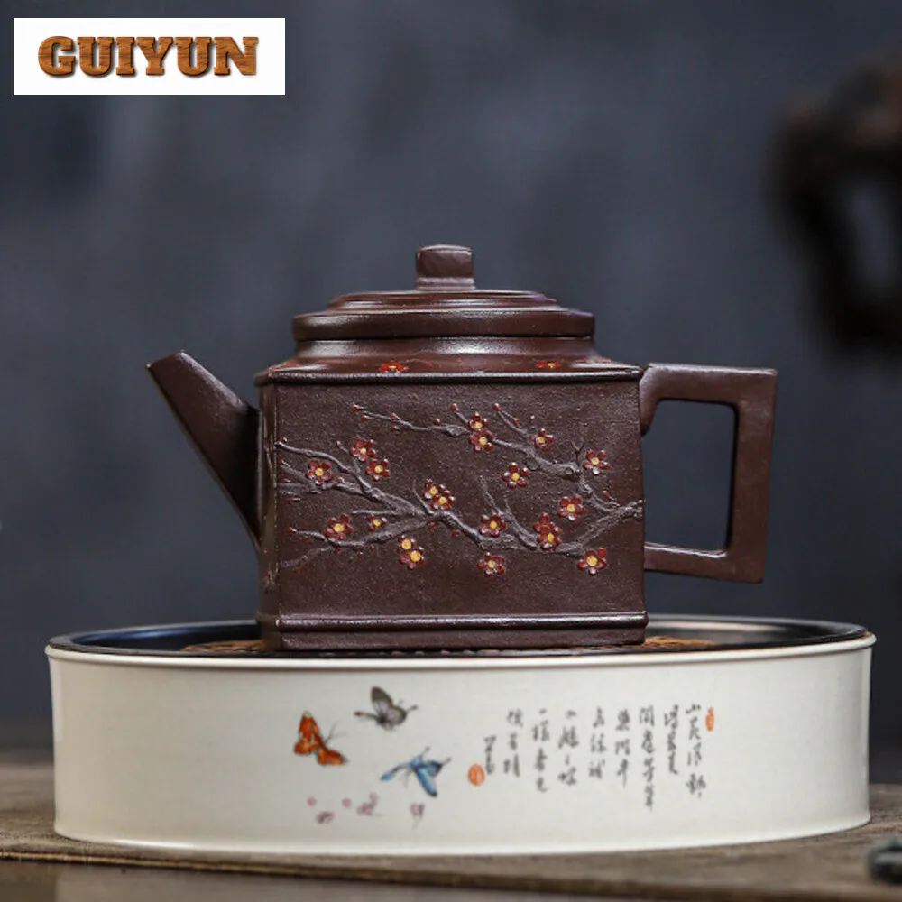 370ML Handmade Yixing Purple Clay Teapots Handmade Square  Pot Raw Ore  Mud Kettle with Strainer Zisha Tea Set Tea Items Gift