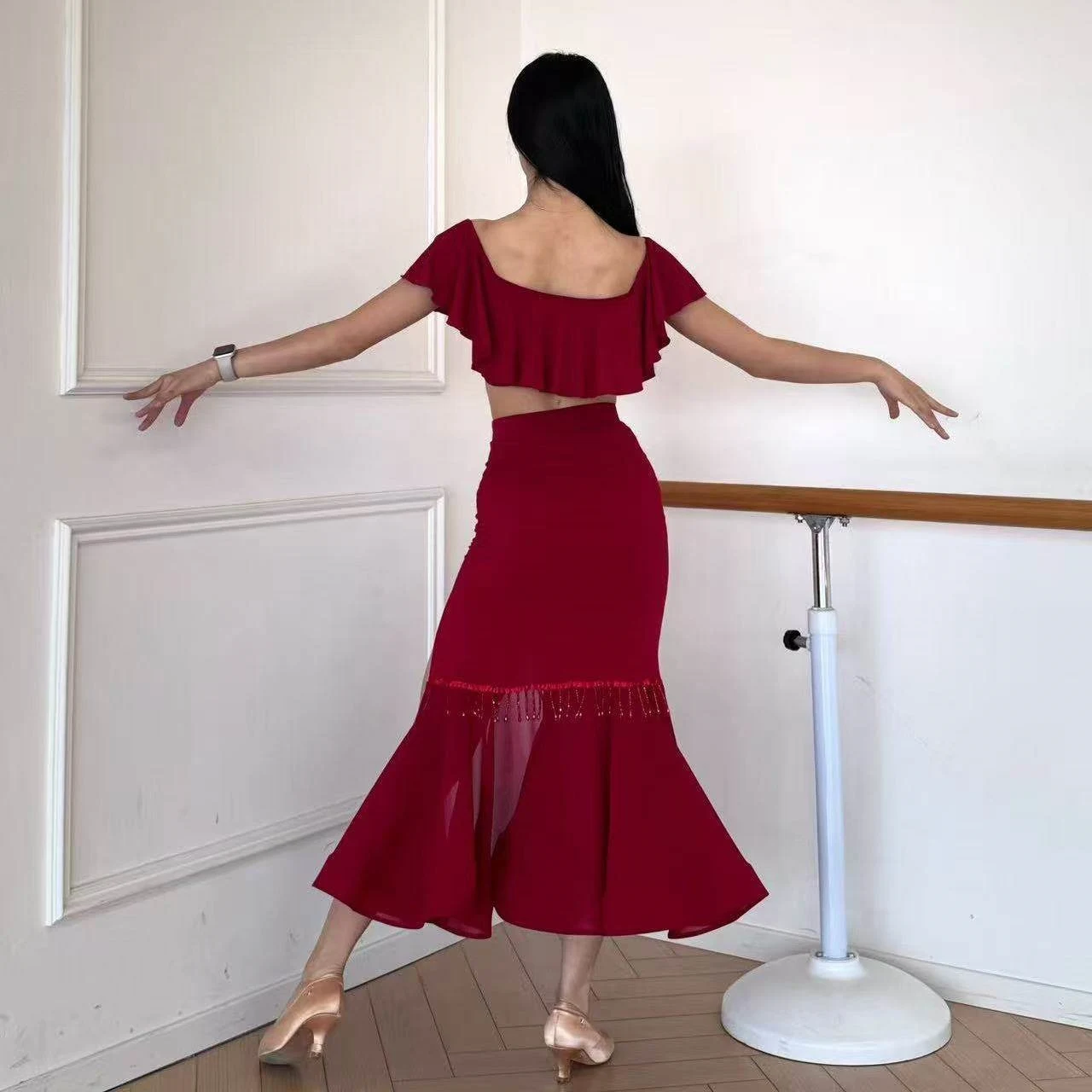 Roupas de dança latina mulheres dança de salão prática desempenho curto topos fenda saia longa vermelho preto tango wear 2 pçs terno dnv26037