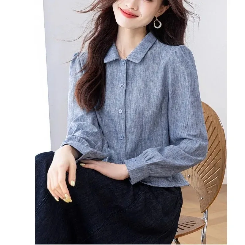 Solid Color Shirt Elegant and Fashionable Women's Versatile Button Lantern Long-sleeved Lapel Top
