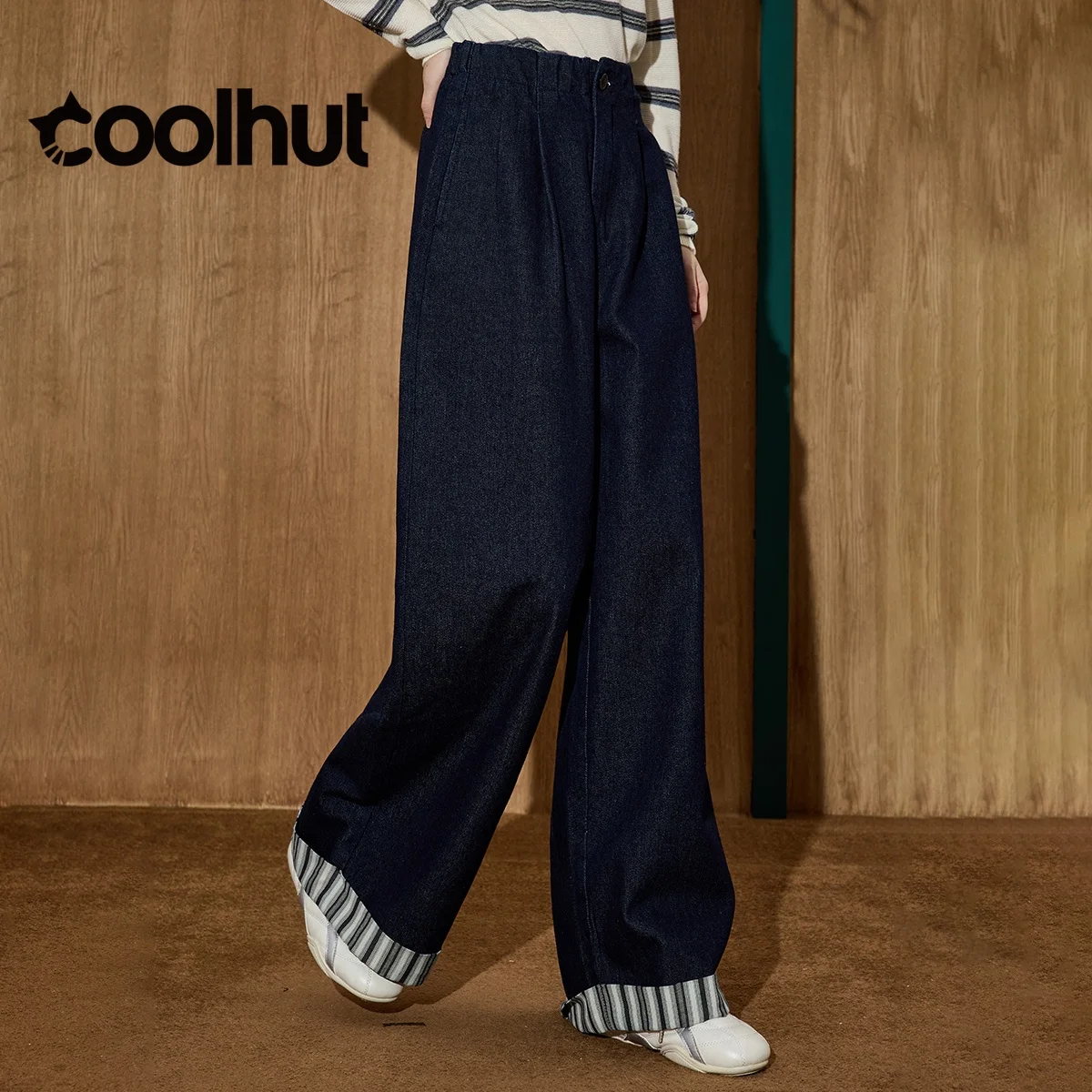 กางเกงยีนส์เอวสูงทรงขากว้าง COOLHUT 2025 สำหรับผู้หญิง ลายทางวินเทจ ปลายขาบาน กางเกงยีนส์ผู้หญิงทรงหลวมสไตล์เรโทรสำหรับฤดูใบไม้ร่วง