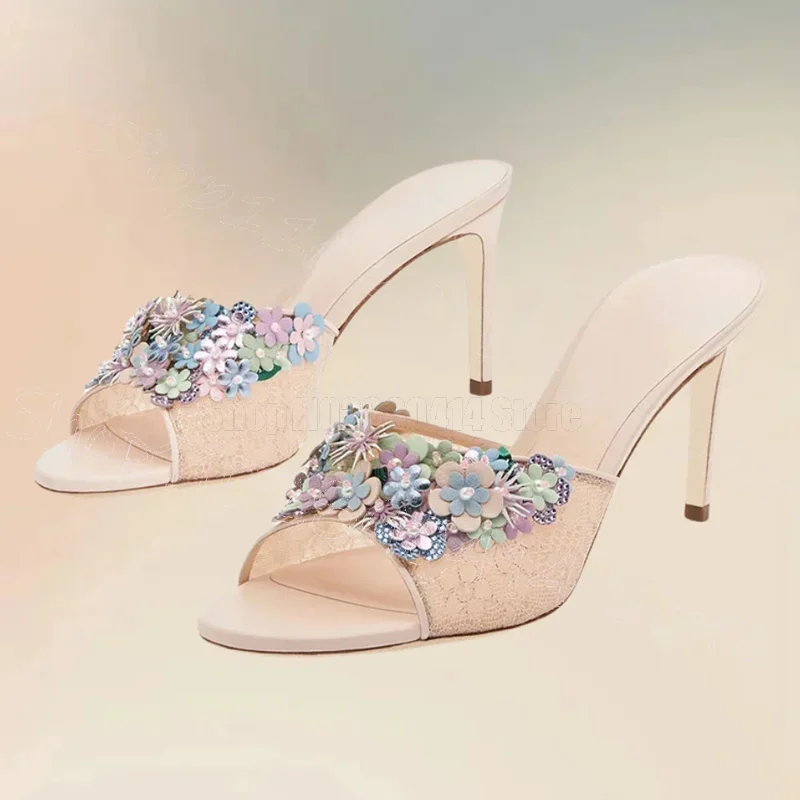 Colorful Sequins Flower Beige Open Toe Slippers Slip On Women Shoes Thin High Heels Novel Party Banquet 2026 Zapatos Para Mujere