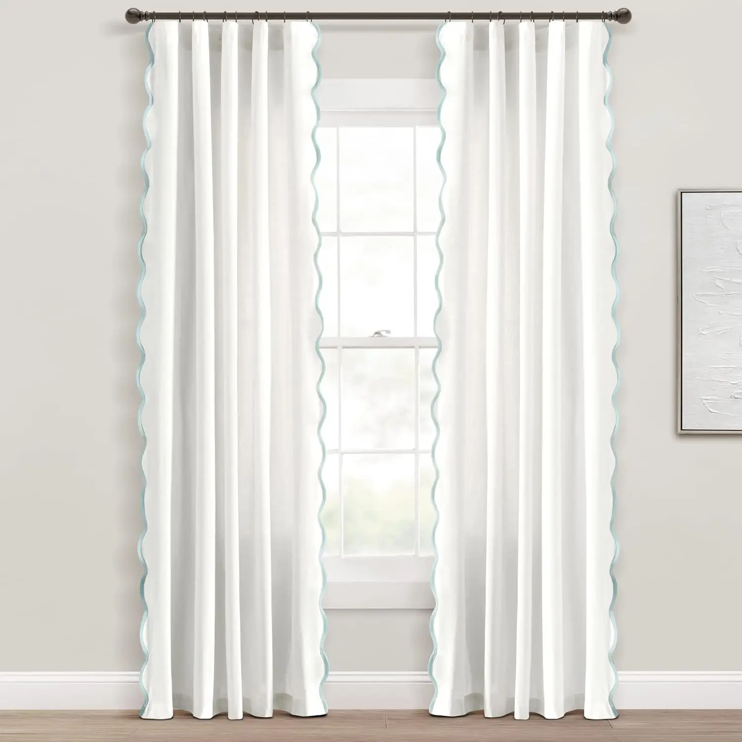 Blue & White 2-Panel 84-Inch Scalloped-Edge Coastal Sheer Curtains, 52 × 84 Inches, Light-Filtering Chic Window Drapes for Living Room Coastal Decor