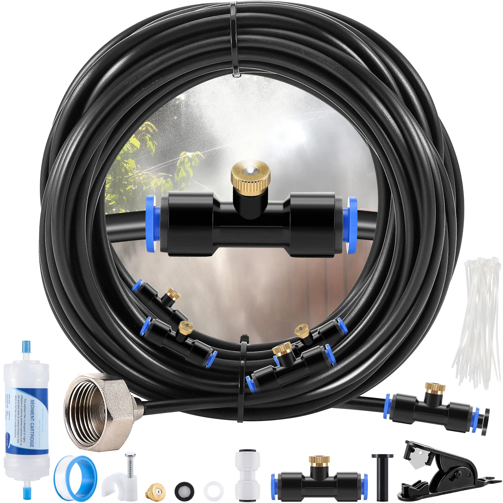 59FT (18M) Misting Cooling System Misters with Water Filter for Outside Patio Misting Line + 22 Copper Nozzles + Brass Adapter