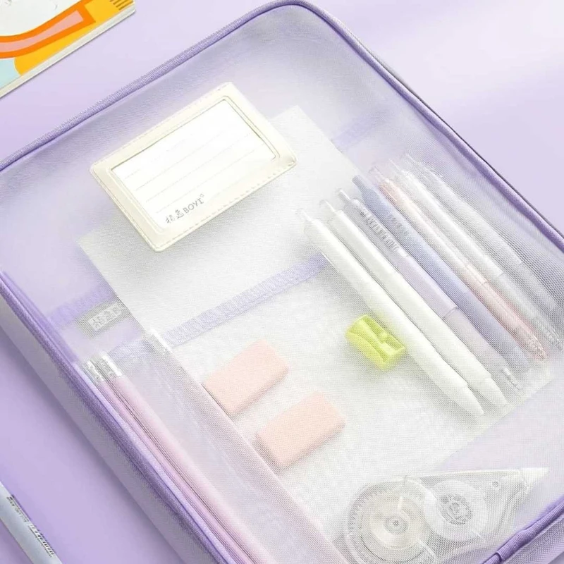 A4 ตาข่ายแฟ้มกระเป๋า 3 ชั้นขนาดใหญ่ความจุ L รูปร่างเปิดโปร่งใส Organizer นักเรียนสอบโฟลเดอร์เอกสารกระเป๋าเก็บ