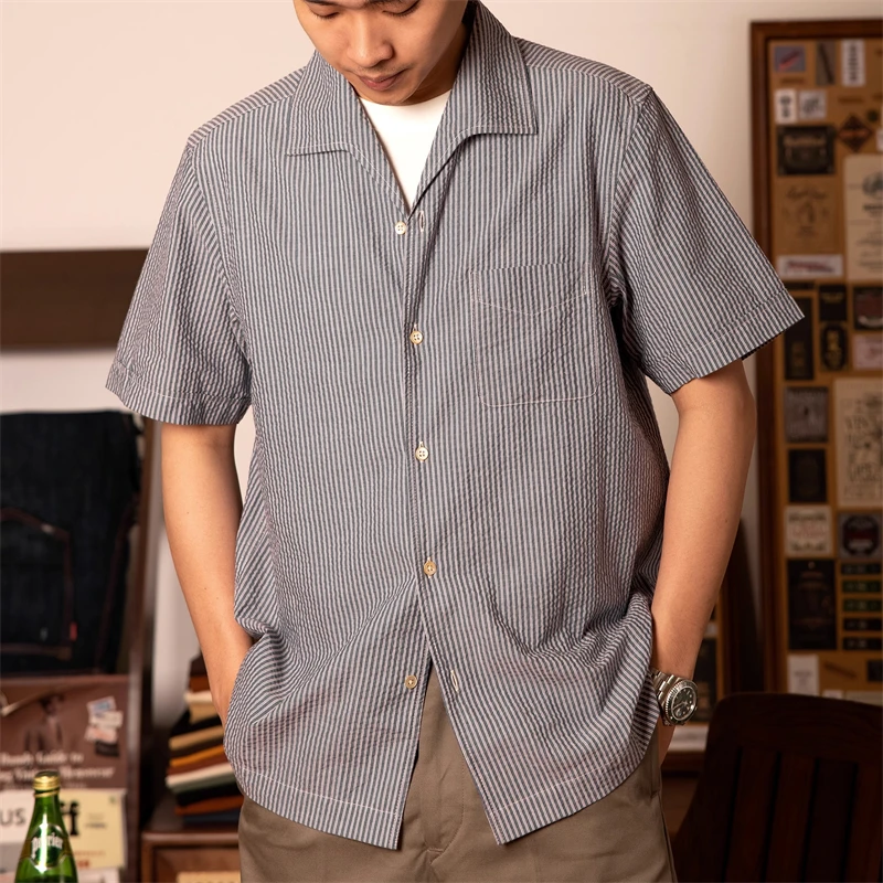 

Pop Red Tornado Casual Italian Collar Shirt Seersucker Fabric Lightweight Stripes Shirt