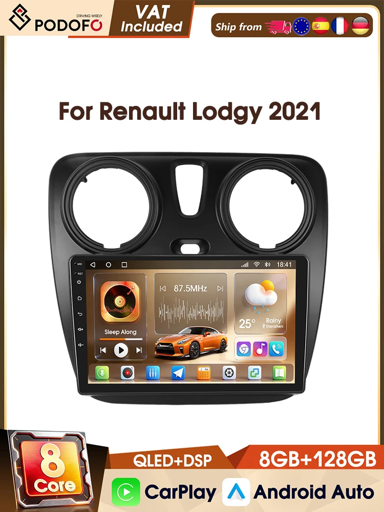 Podofo Android 9" 2 Din Wireless CarPlay Autoradio für Renault Lodgy 2021/Dokker 2012-2020 Autoradio DAB CarPlay Android Auto 8-Kern Auto-Intelligenzsysteme