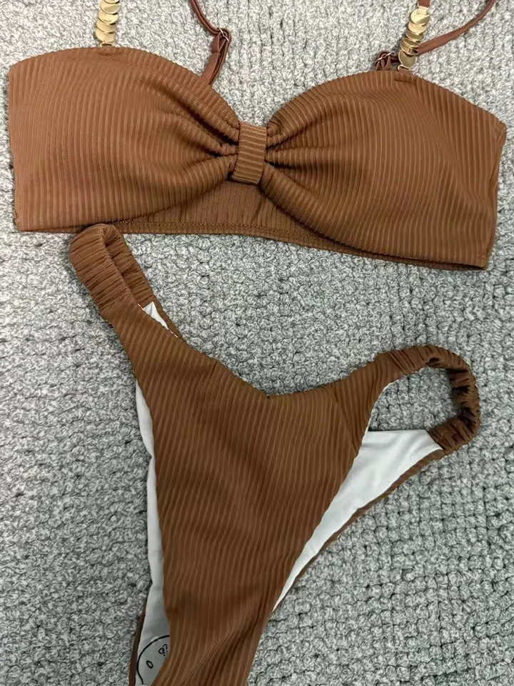 Vzvn 2025 New Women Metal Strap Hollow Out Bra Pleate Thong Swimsuit Sexy Spaghetti Strap Solid Bikini 2 Piece Set Bikinis Set