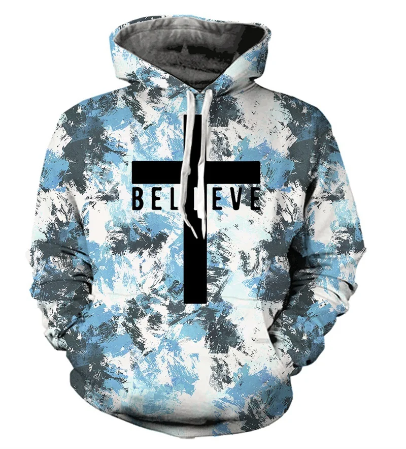 Christian Cross Jesus 3D Print Hoodie Men's Long Sleeve Hooded Sweatshirt Spring Autumn Pullover Streetwear Hoodies Clothing