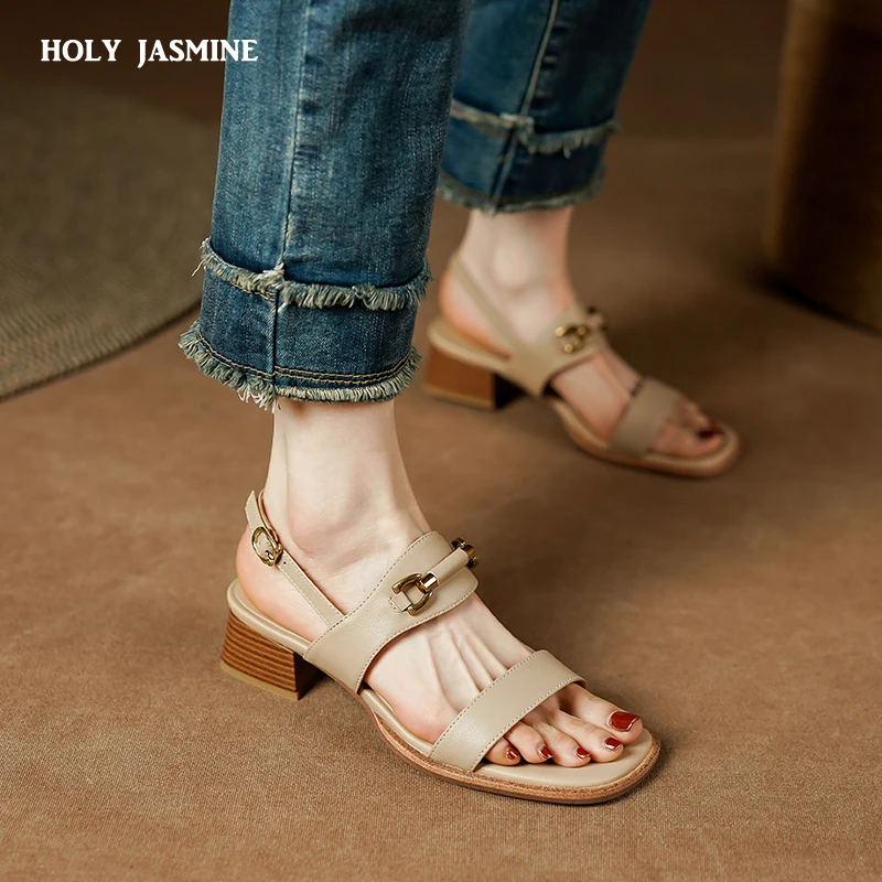 New Arrival Women Sandals 2023 Summer Fashion Genuine Leather Thick Heels Shoes Woman Casual Office Ladies Party Luxury Sandals