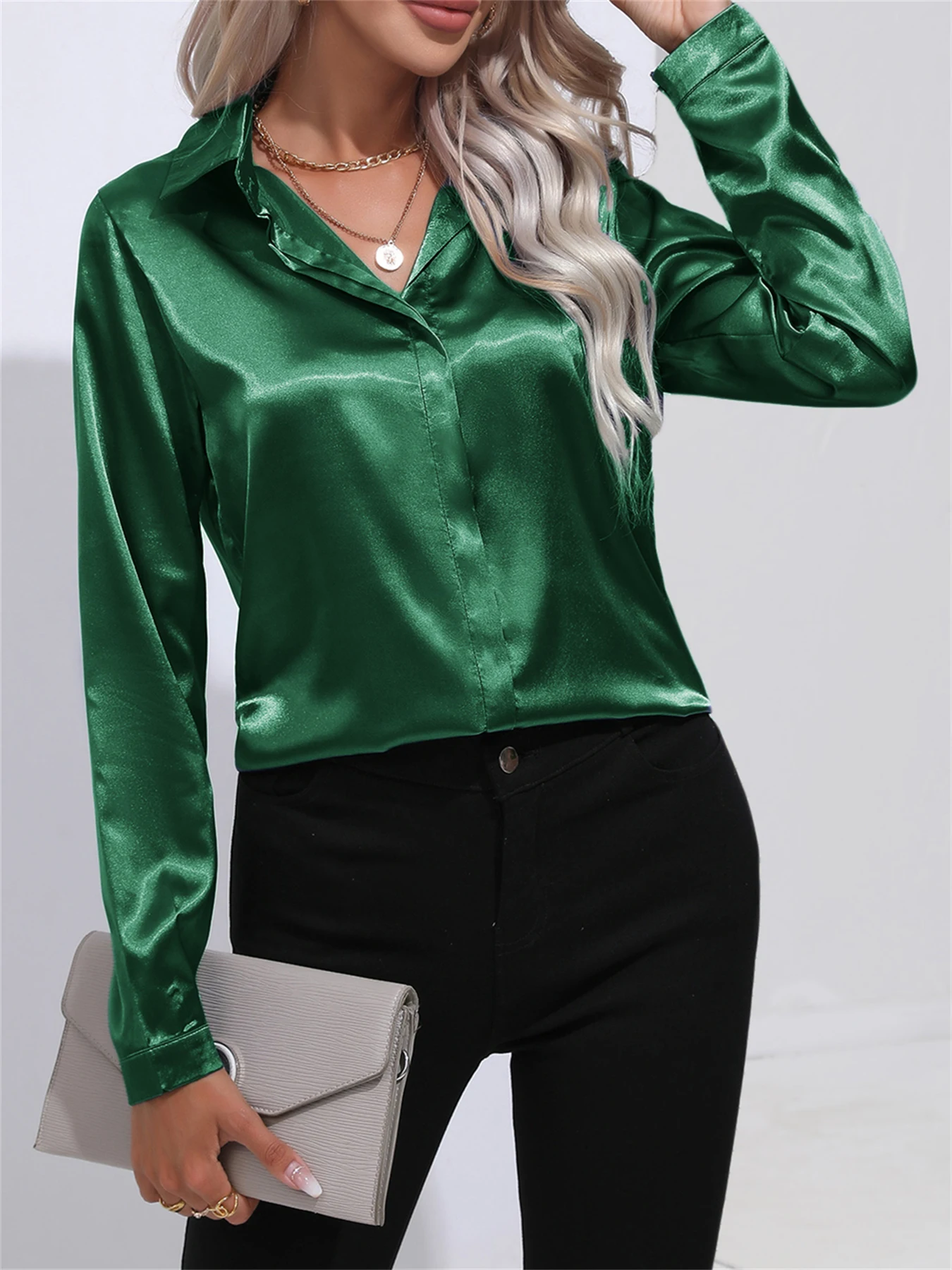 Shirts & Blouses Elegant Turn-Down Collar One Button Satin Long Sleeve Shirt For Women Office Blouse Chemises Et Blouses