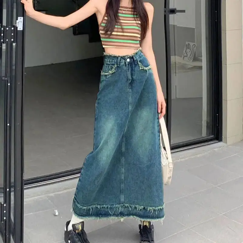 Lucyever Vintage Blue Denim Frauen Sommer Neue Mittlere Länge EINE Linie Jean Rock Frau Casual Alle Spiel Hohe Taille Lange Röcke