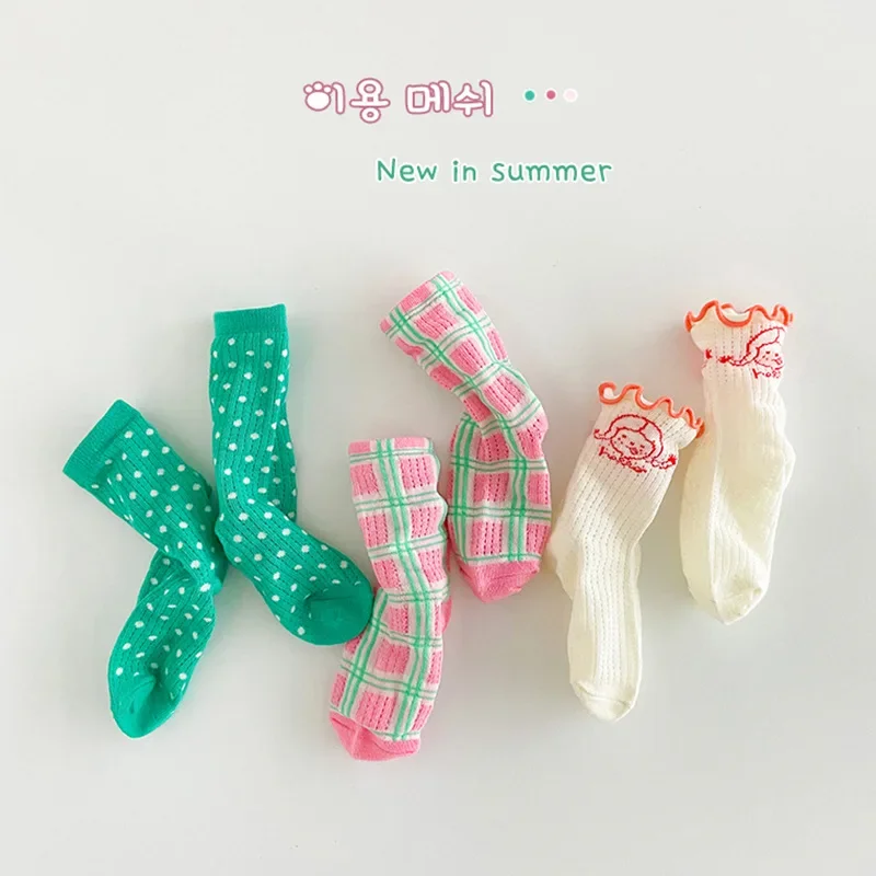 Spring Summer Socks Children Mesh Socks Kids Girls Calf Length Polka Dots Socks 3 Pairs/bag image 3
