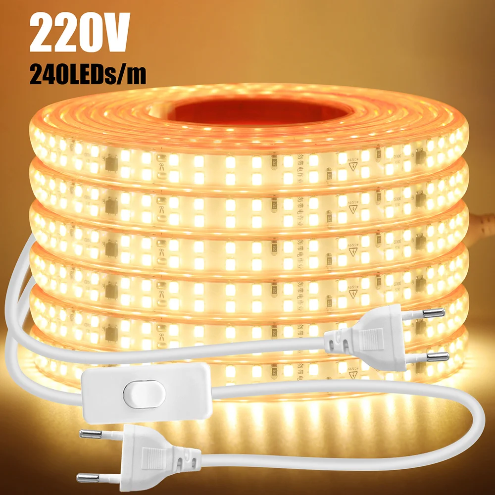 AC 220V 2835 Taśma LED Przełącznik światła Zestaw zasilania Wodoodporna 240 diod LED Elastyczna taśma z IC Oświetlenie domu 0,5 m 1 m 2 m 5 m 10 m