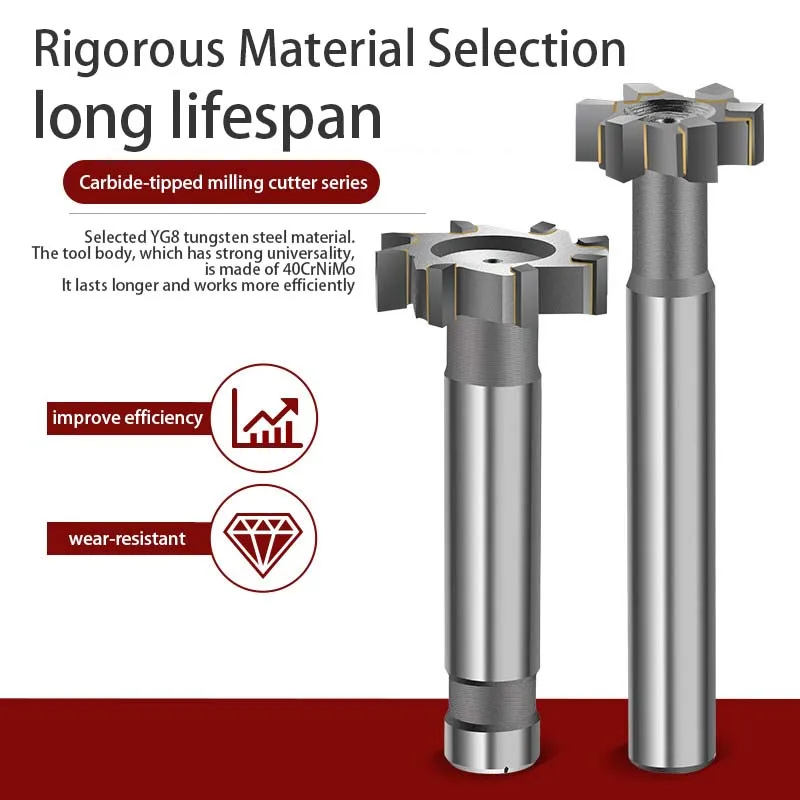

T-slot milling cutter with carbide insert, carbide-tipped T-slot milling cutter, carbide-welded T-slot milling cutter, YG