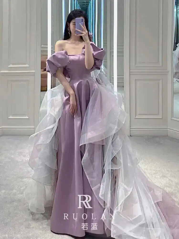 

Elegant Evening Dress 2025 New Off-Shoulder Light Luxury High-End Socialite Banquet Host Dress for Women Purple