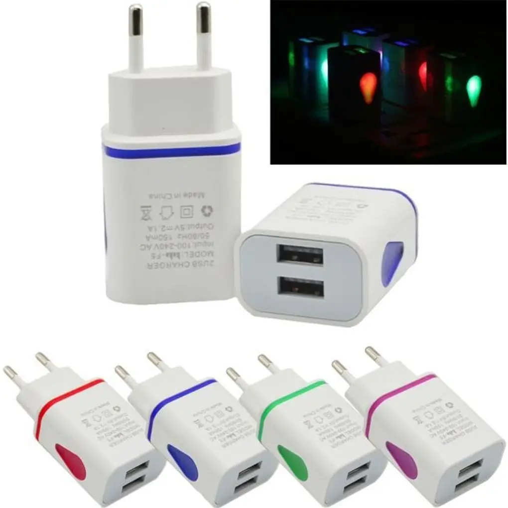 Travel Phone Charger Adapter 5V 2A Fast Charging 2 USB Port Illuminate AC DC Power Supply Source 5 Volt For Samsung Huawei