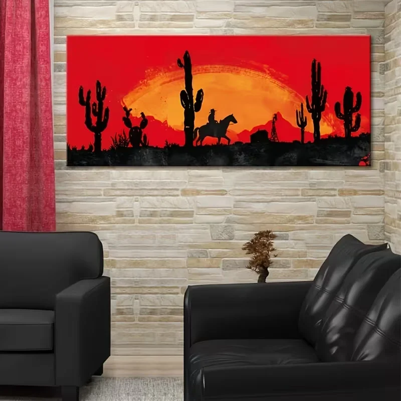 Large-sized 1pc frameless Canvas Painting Red Sunset Cowboy Canvas Art - Unframed Western Desert & Cactus Wall Decor For Living