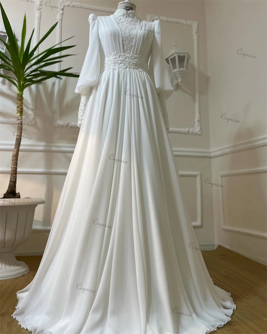 Ciynsia Personalizzato Robe De Mariée Francia Abito da sposa 2025 Pizzo Perline A-Line Chiffon Dubai Arabo Maniche lunghe Abito da sposa