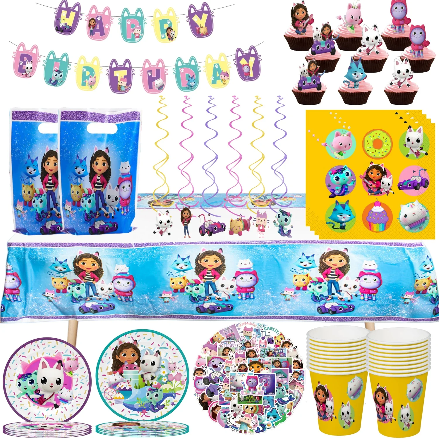 

Gabby Birthday Party Fecorations Set Gabby Cat Disposable Tableware Tablecloth Cup Plate Gift Bag Baby Shower Party Favors Gabby