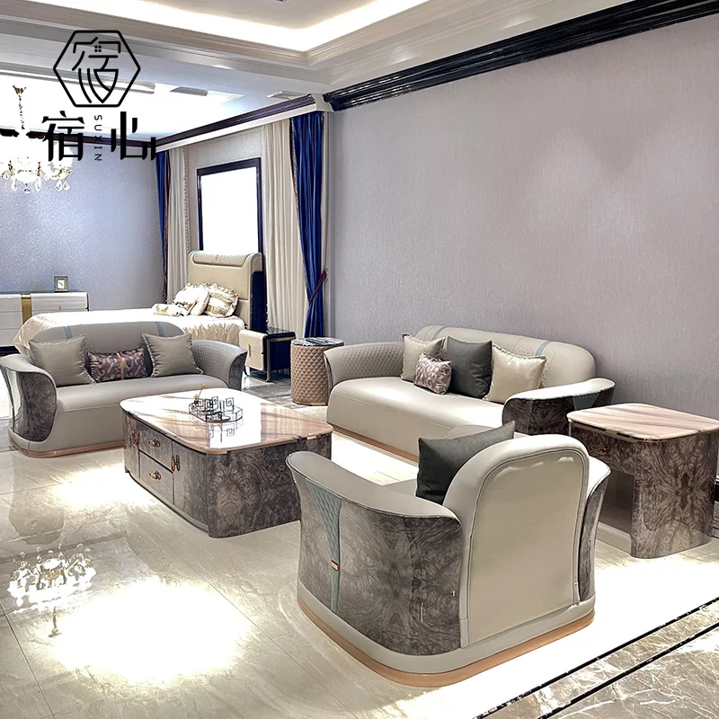 Light luxury modern Italian high -back leather sofa combination villa living room high -end luxury solid wood furniture