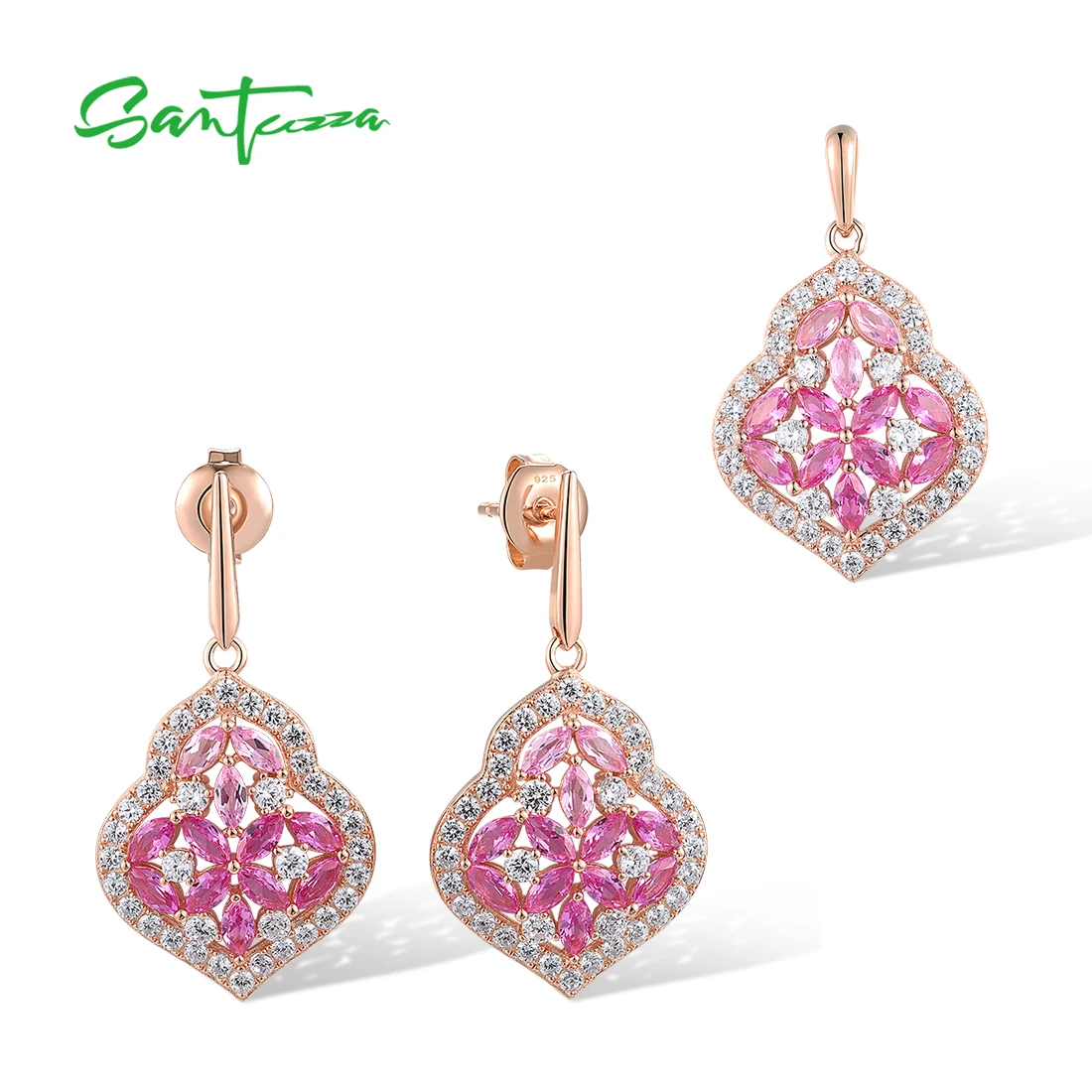 

SANTUZZA 925 Sterling Silver Jewelry Set For Women White CZ Created Pink Sapphire Earrings Pendant Gorgeous Wedding Fine Jewelry