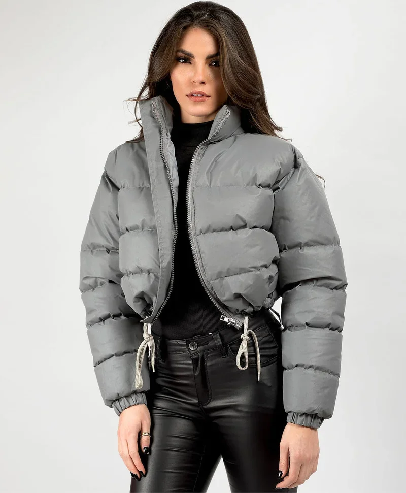 Chaqueta acolchada de algodón para mujer, abrigo corto de Color liso con cuello Simple e informal, para invierno, 2023