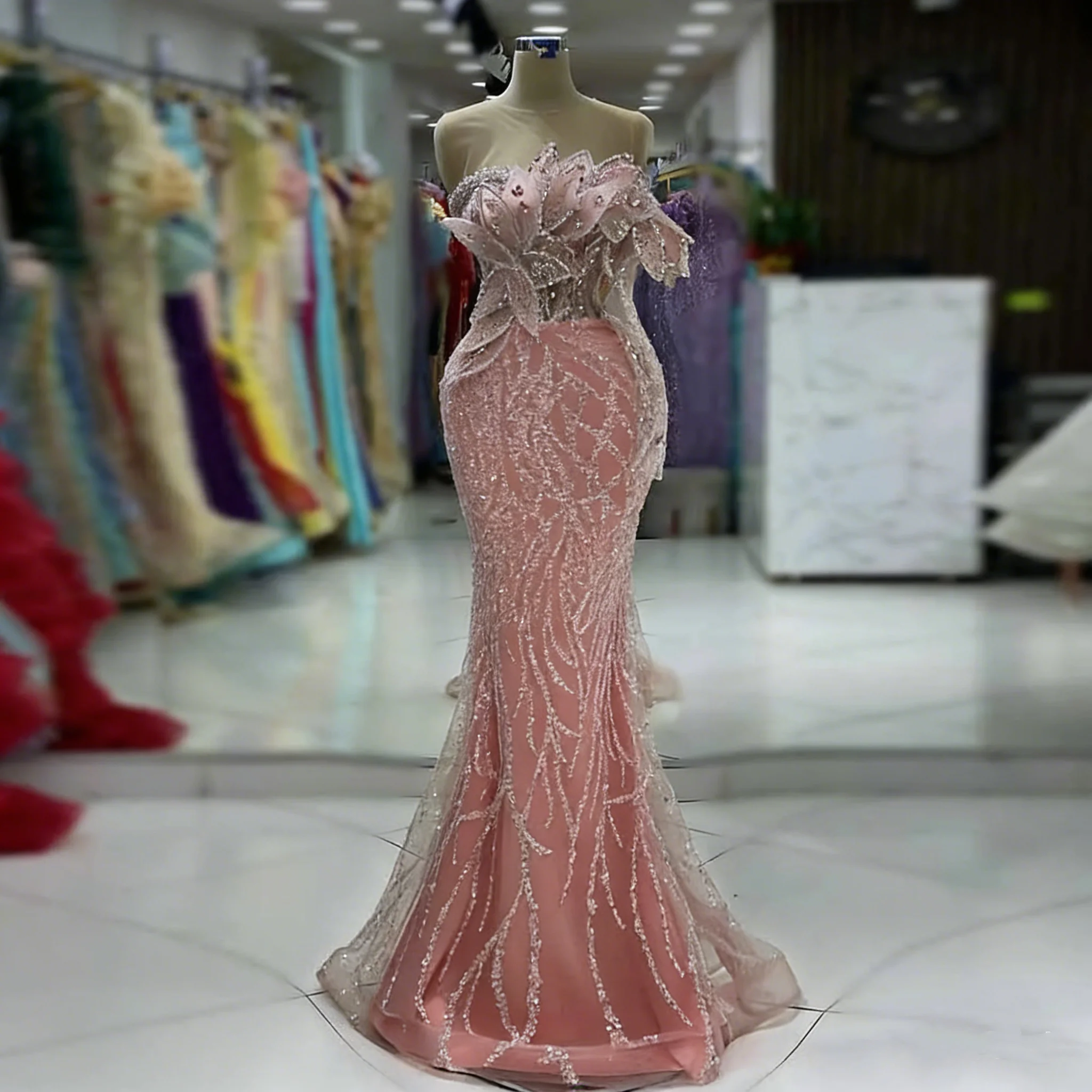 

Charm Pink 3D Appliques Mermaid Evening Dress One Shoulder Sleeve Beads Prom Party Dresses Robe de soiree Customized For Wedding