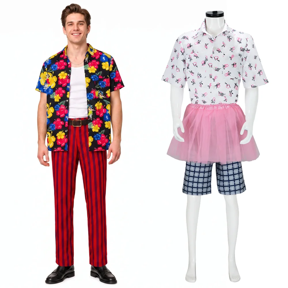 Disfraz de Ace Ventura, camisa blanca con estampado, pantalones cortos a cuadros, falda tutú rosa, traje divertido, uniforme de disfraz para Halloween y carnaval