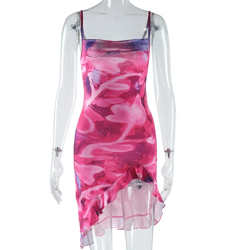 Sexy Camisole Dress with Digital Print Sleeveless Top Short Skirt Mid Waist Exposed Back Tight Fitting Irregular Skirt