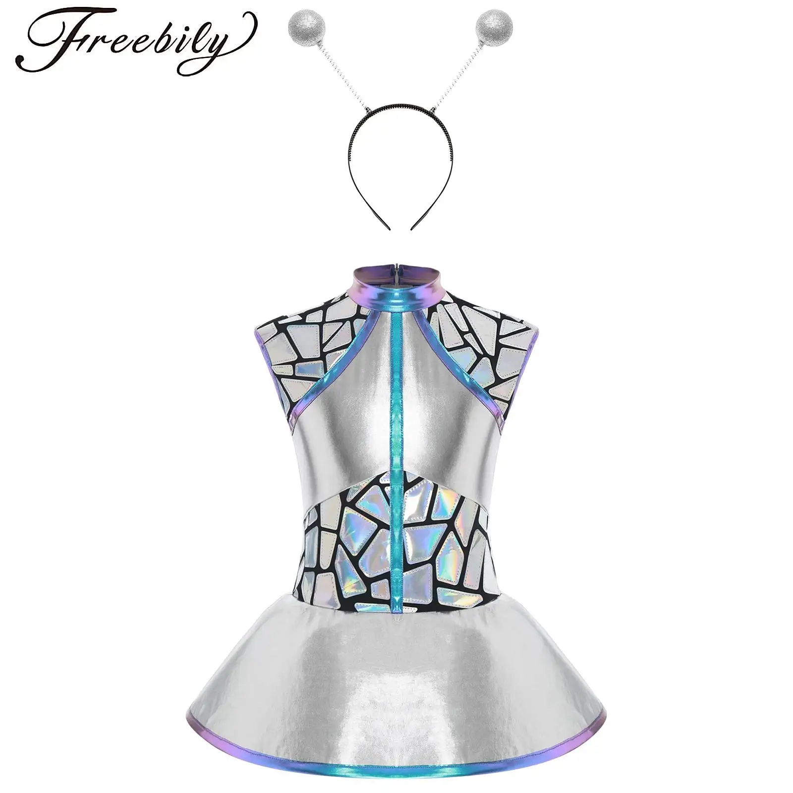 

Girls Shiny Metallic Alien Cosplay Halloween Outer Space Cutie Costume Sleeveless Sequin Gradient Dress with Antennas Hair Hoop