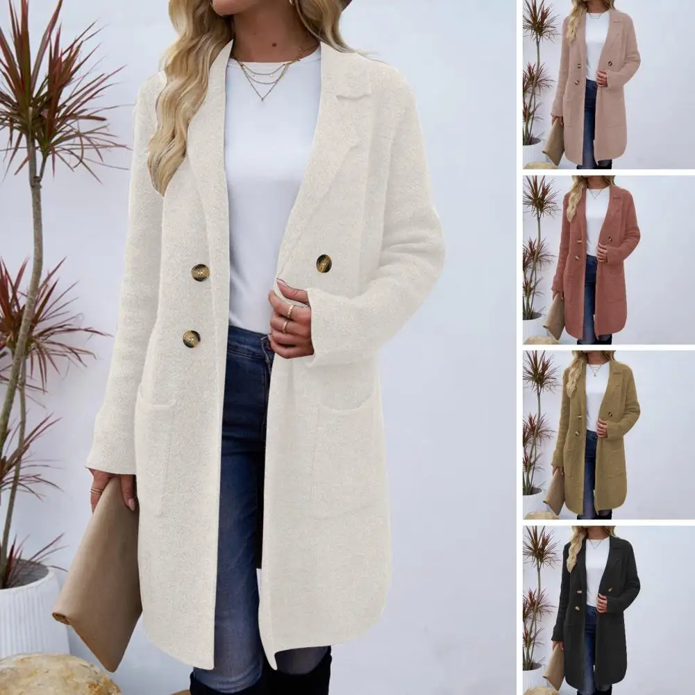 Veste en laine mi-longue pour femme, manteau boutonné à revers, col rabattu, simple boutonnage pour le travail