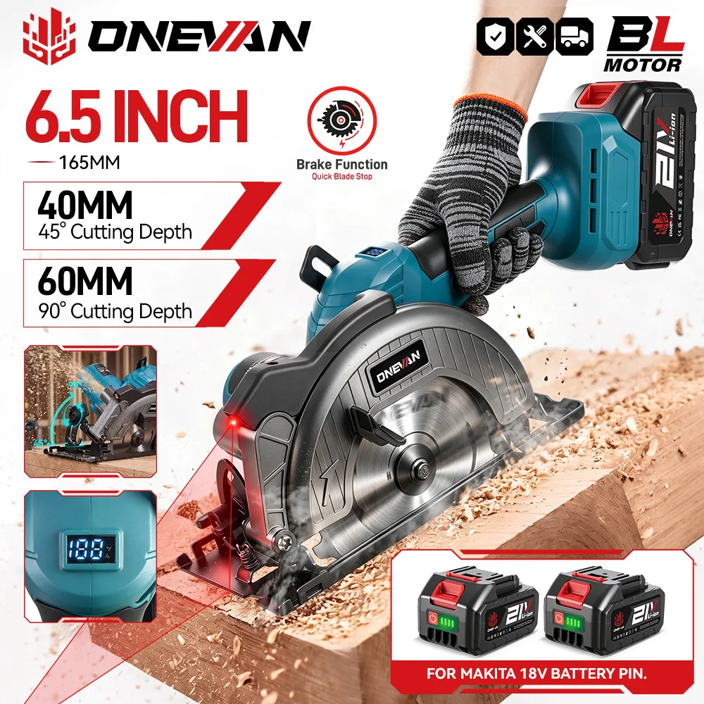 ONEVAN 6,5'' Akku-Kreissäge mit bürstenlosem Motor und Laserführung, Holzschneidesäge, Elektrowerkzeug für Makita 18V Akku