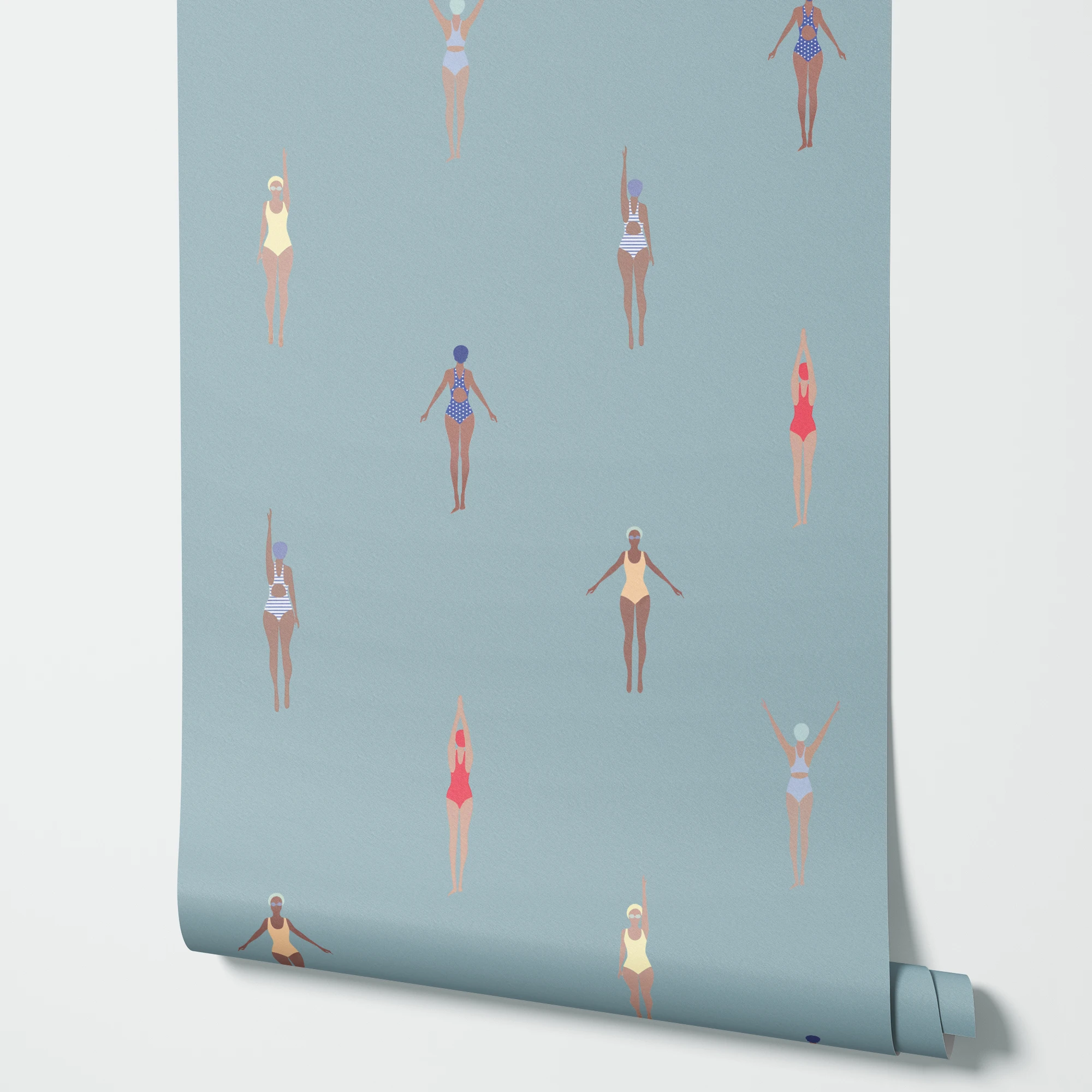 Swim Blue Regular Wallpaper, Pool Swimmers Female Wall Decor, Ocean Nautical Wall Mural For Home Decoration,Tradition Un-pasted