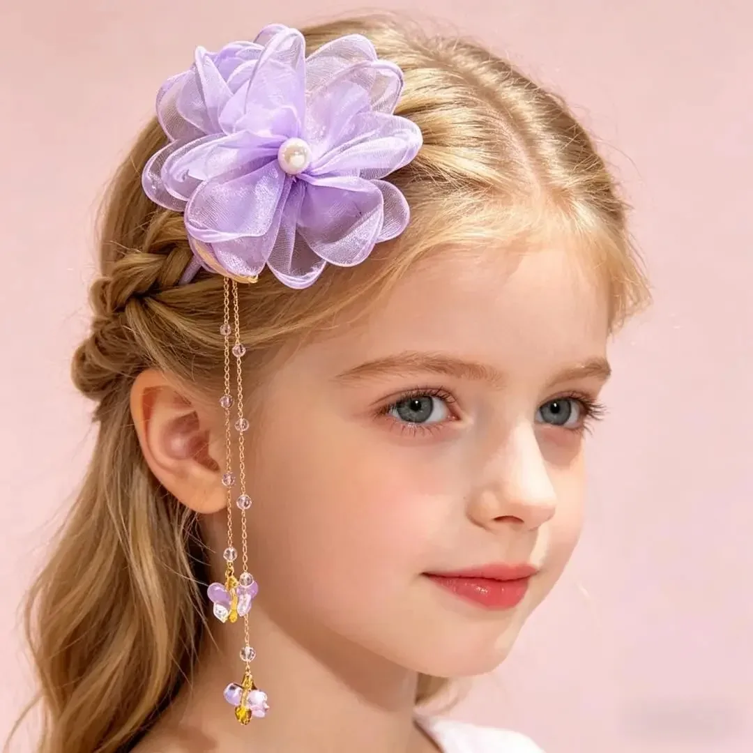 Organza Flower Hair Clip with Long Tassel Chain and Acrylic Geometric Accents, Safety Clasp for daily wear, party, wedding